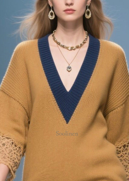 Italian Brown V Neck Patchwork Lace Knit Tops Bracelet Sleeve