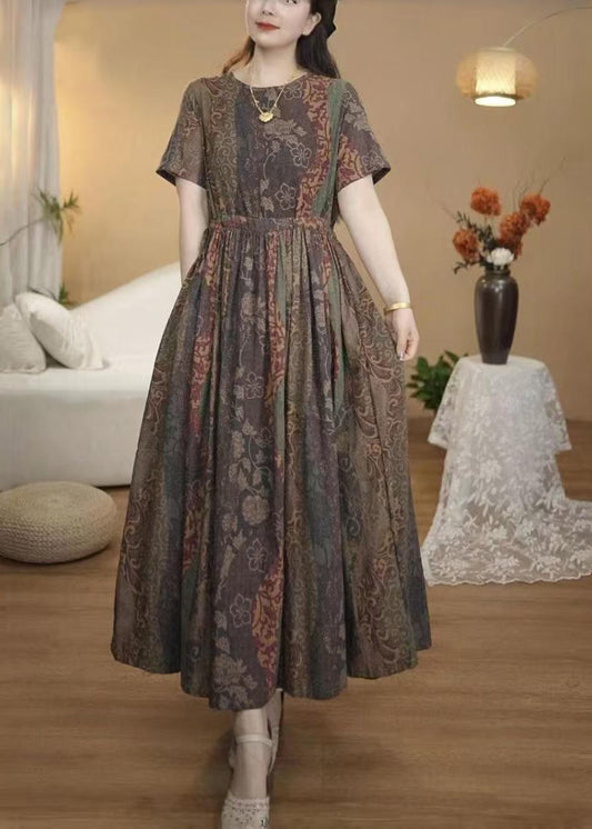 Italian Coffee Cinched Print Cotton Dress Summer