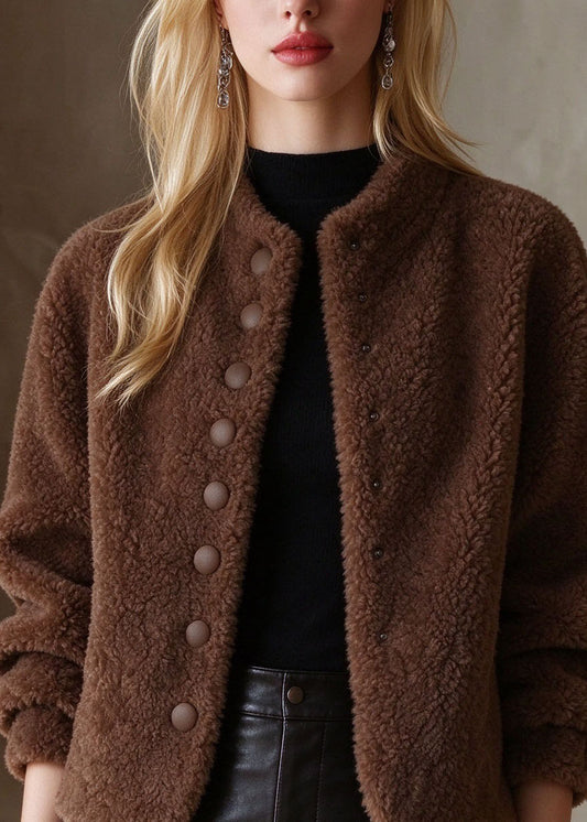 Italian Coffee O-Neck Solid Faux Fur Coat Winter