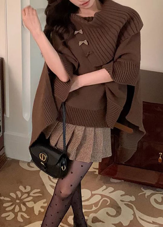 Italian Coffee Slash Neck Asymmetrical Knit Sweater Cloak Sleeves