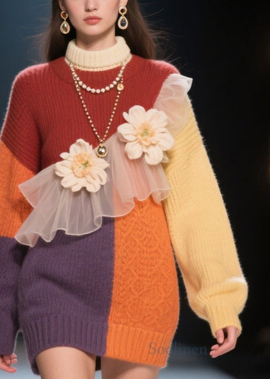 Italian Colorblock Hign Neck Tulle Floral Knit Dress Winter