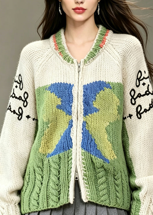 Italian Colorblock O-Neck Zip Up Patchwork Knit Jacket Fall