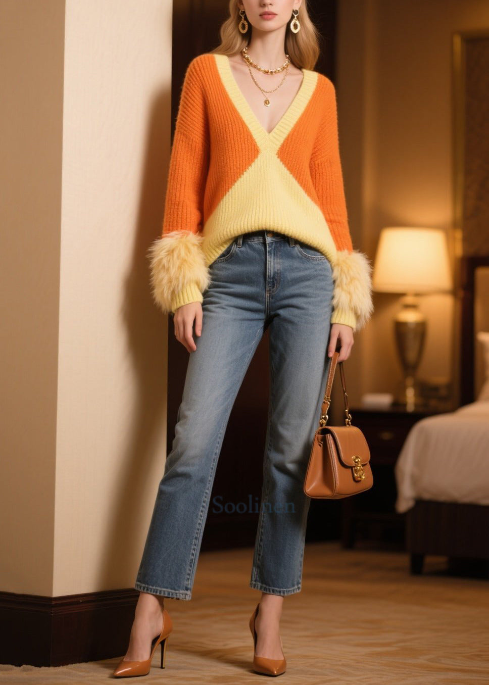 Italian Colorblock V Neck Patchwork Faux Fur Knit Pullover Winter