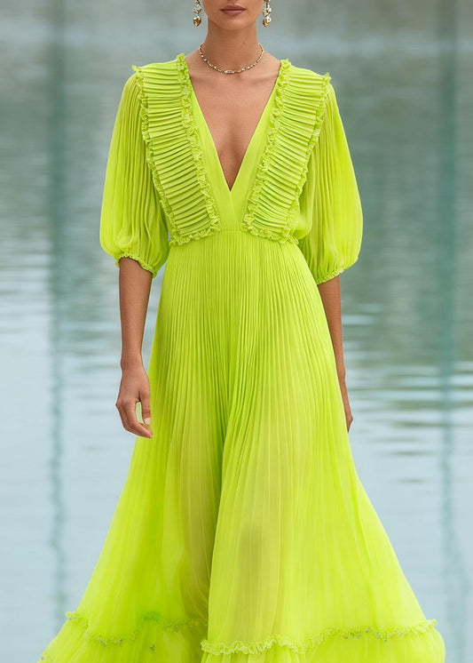 Italian Fluorescent Green Ruffled Patchwork Chiffon Long Dress Summer