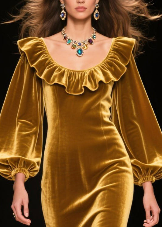 Italian Golden Ruffles Silk Velvet Robe Dresses Spring