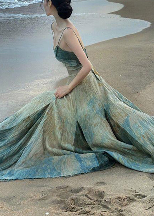 Italian Gradient Color V Neck Backless Cotton Spaghetti Strap Dress Sleeveless