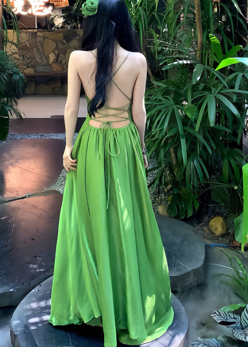 Italian Grass Green Backless Exra Large Hem Cotton Cami Dresses Summer