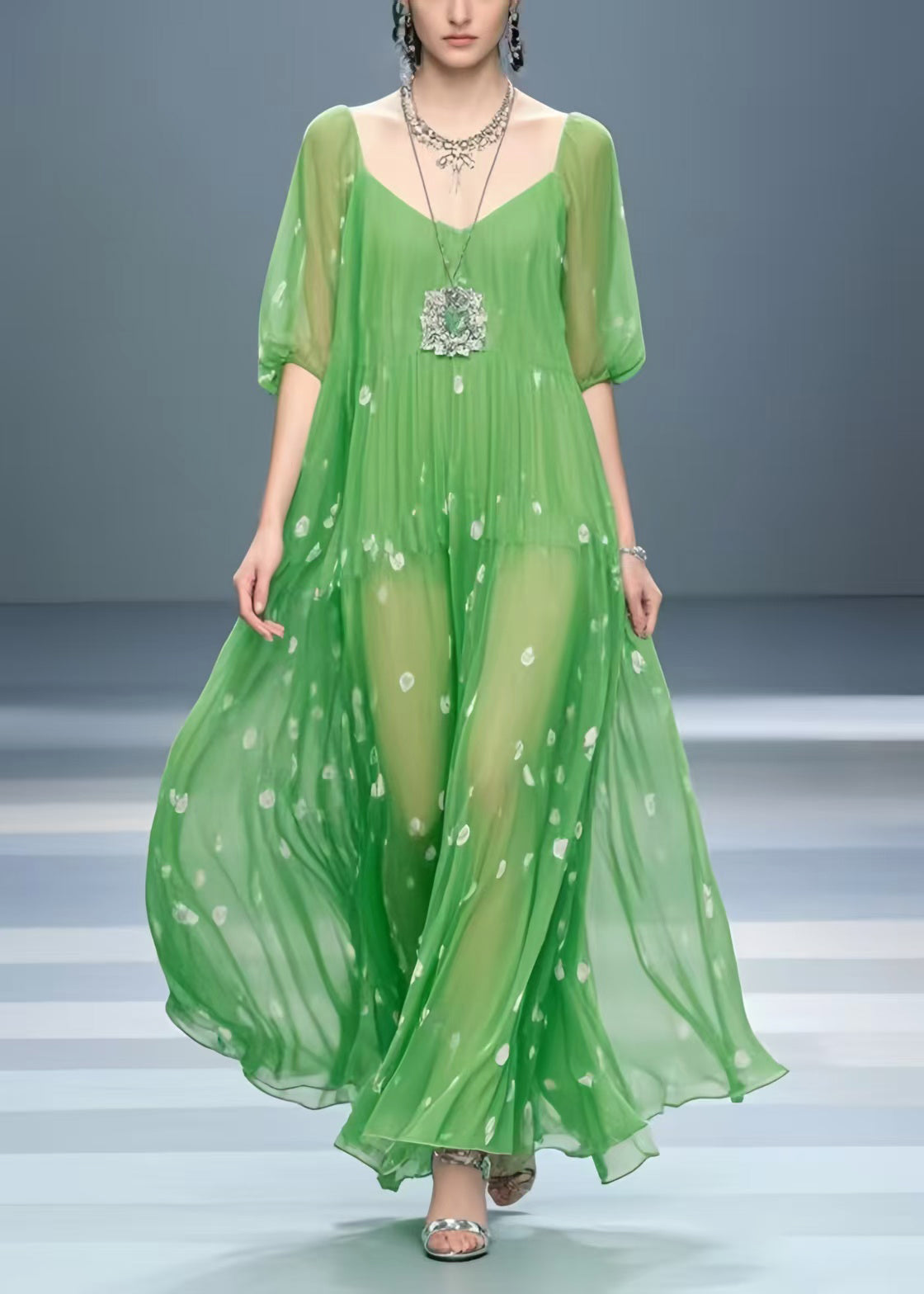 Italian Grass Green Oversized Print Chiffon Dresses Summer