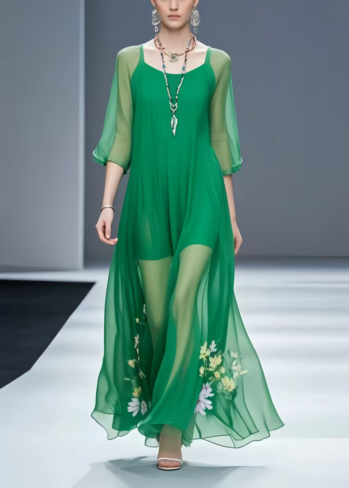 Italian Green Floral Chiffon Vacation Dresses Bracelet Sleeve