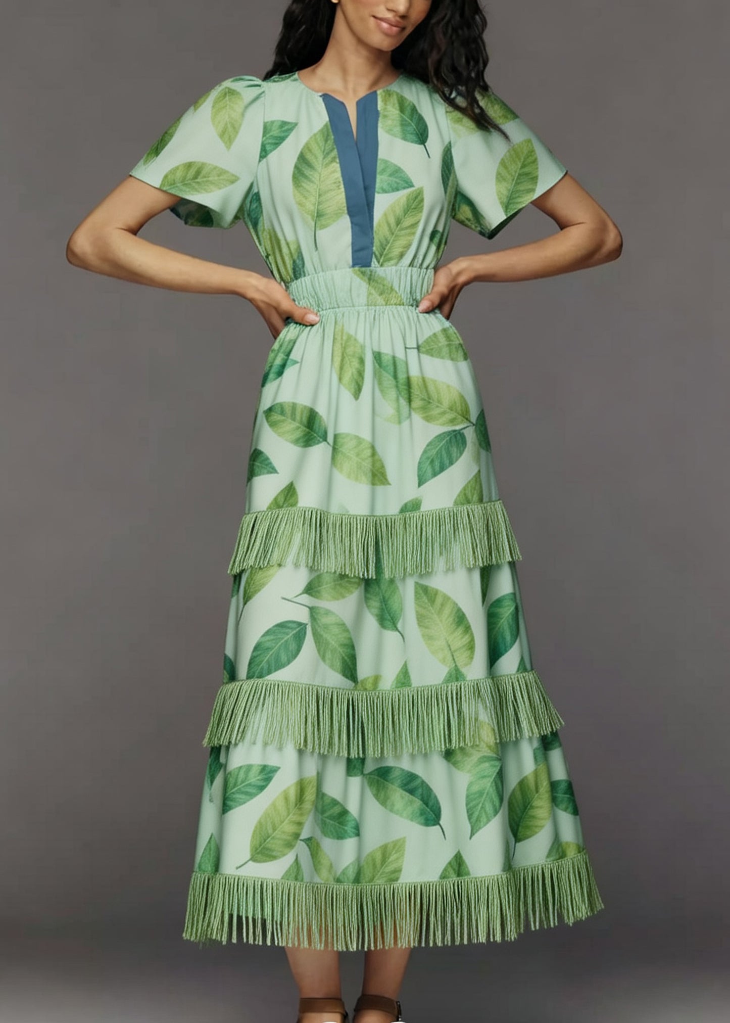 Italian Green Print Tasseled Patchwork Cotton Maxi Dresses Summer