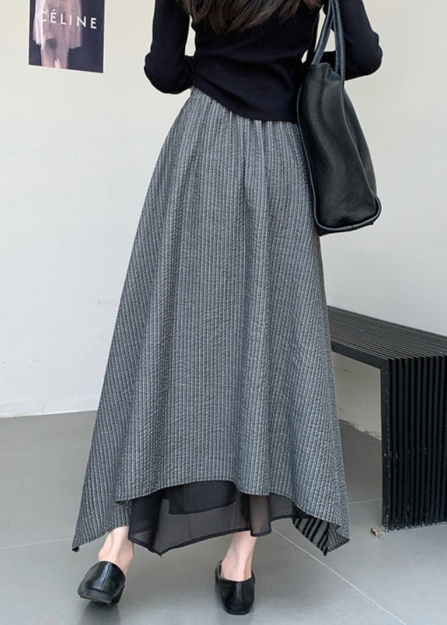 Italian Grey Asymmetrical Striped Elastic Waist Cotton Skirts Fall