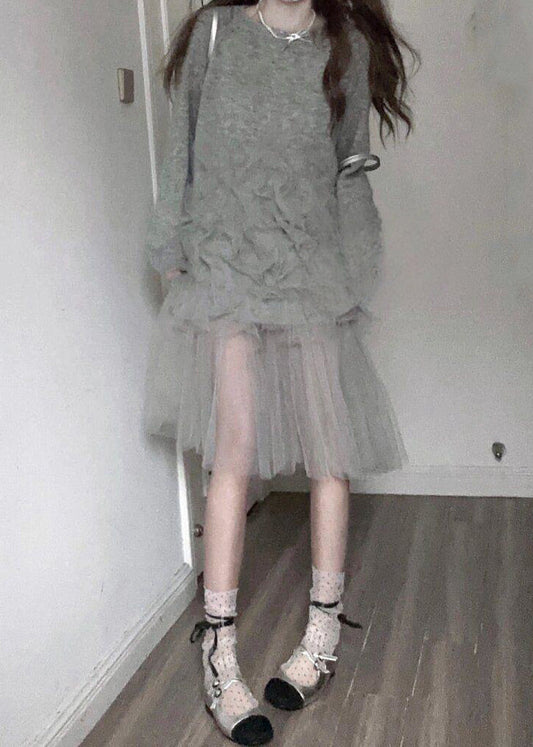 Italian Grey O Neck Tulle Patchwork Knit Long Sweater Spring