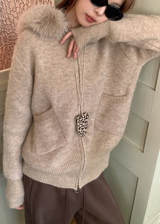 Italian Khaki Hooded Patchwork Faux Fur Knit Coats Winter