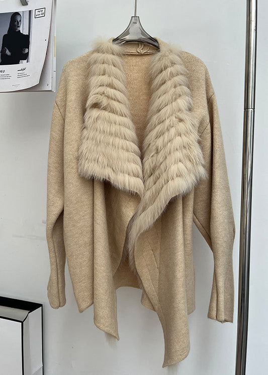 Italian Khaki Peter Pan Collar Fox Collar Patchwork Woolen Cardigan Spring