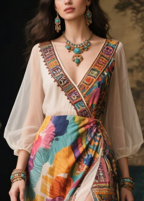 Italian Khaki Print Side Open Chiffon Vacation Dresses Summer