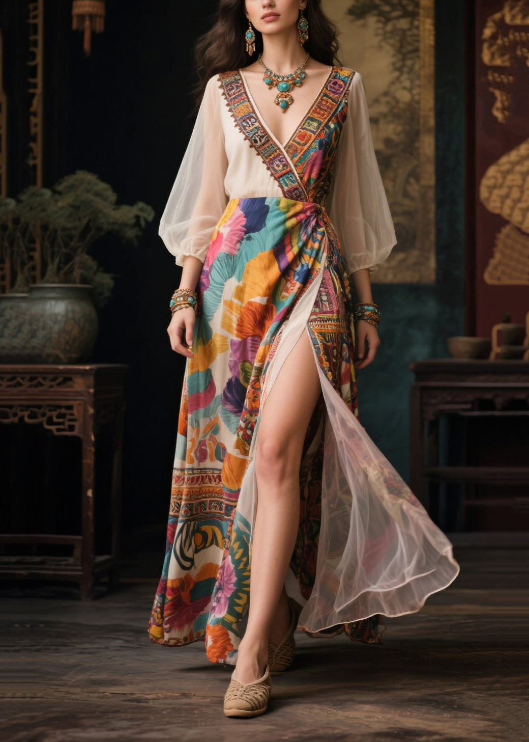 Italian Khaki Print Side Open Chiffon Vacation Dresses Summer