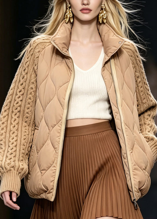 Italian Khaki Stand Collar Knit Patchwork Fine Cotton Filled Jackets Winter