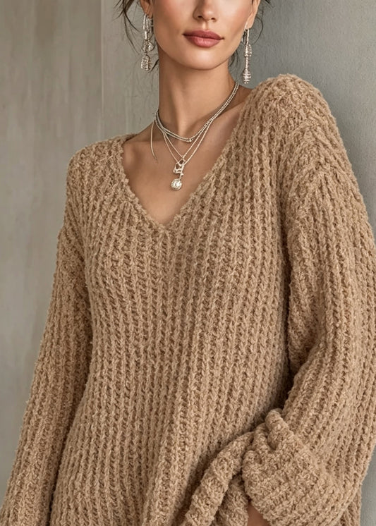Italian Khaki V Neck Thick Loose Knit Sweaters Fall