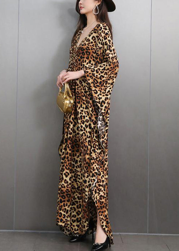 Italian Leopard V Neck Side Open Maxi Dress Batwing Sleeve
