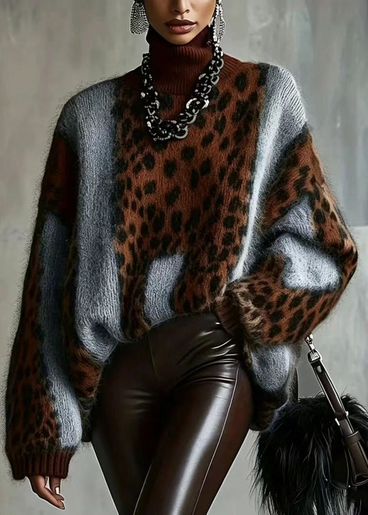 Italian Light Coffee Leopard Turtleneck Thick Knit Sweater Winter