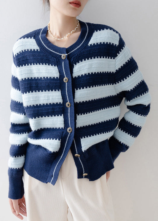 Italian Navy Oversized Striped Knit Cardigans Winter