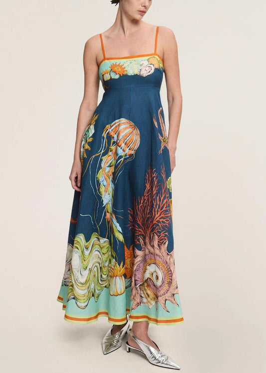 Italian Navy Print Pockets Linen Spaghetti Strap Dress Sleeveless