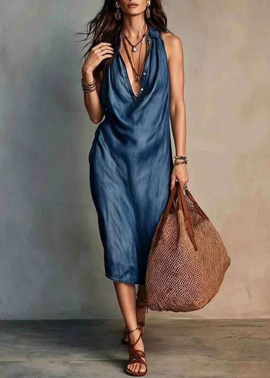 Italian Navy V Neck Holiday Dresses Sleeveless