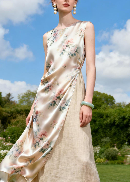 Italian O Neck Print Patchwork Linen Silk Dress Sleeveless