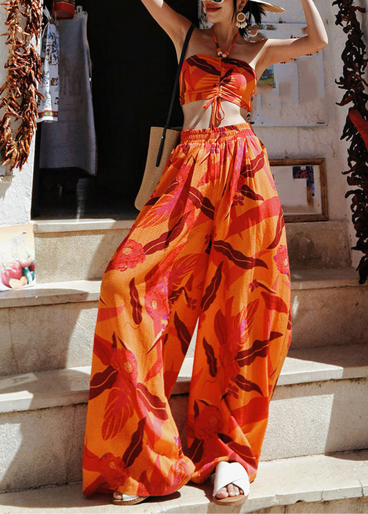 Italian Orange Print Cotton Strapless Tops And Wide Leg Pants Two Pieces Set Summer