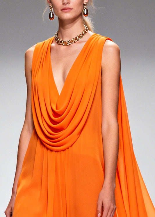 Italian Orange Turtle Neck Patchwork Flower Lace Chiffon Beach Dresses Sleeveless