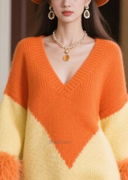Italian Orange V Neck Patchwork Faux Fur Knitwear Dress Winter