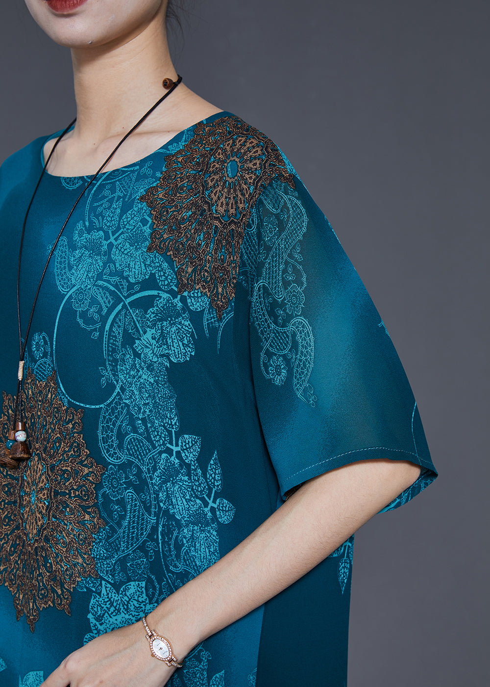 Italian Peacock Blue Oversized Print Chiffon Vacation Dresses Summer