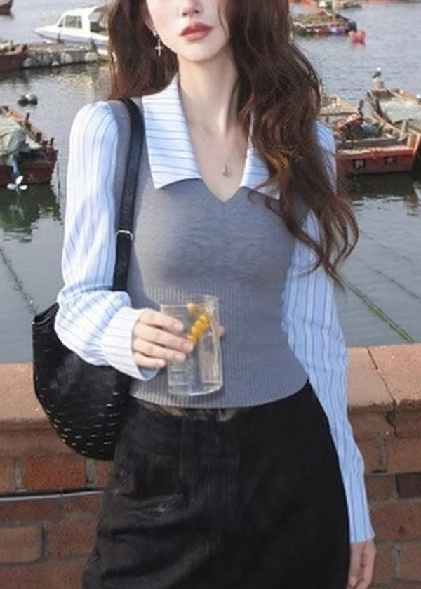 Italian Peter Pan Collar Striped Patchwork Knit Shirt Spring