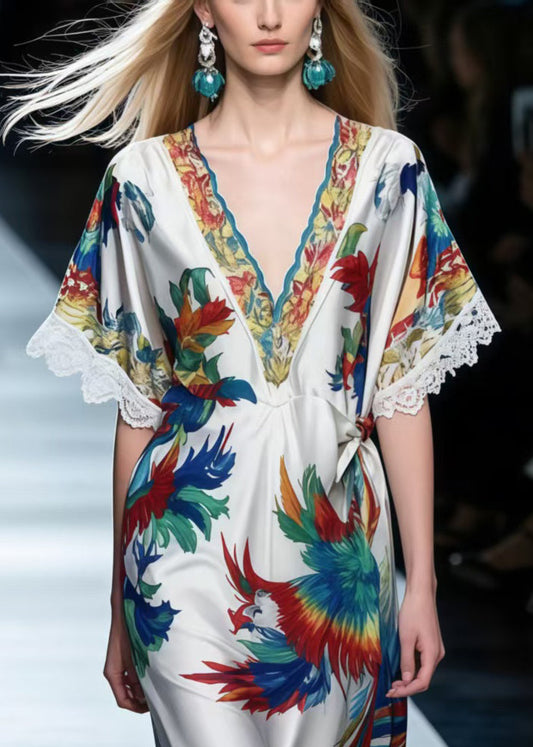 Italian Phoenix Print Patchwork Lace Silk Holiday Dress Summer