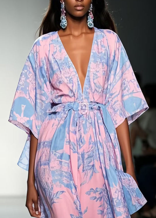 Italian Pink Cinched Print Chiffon Tunic Dress Summer