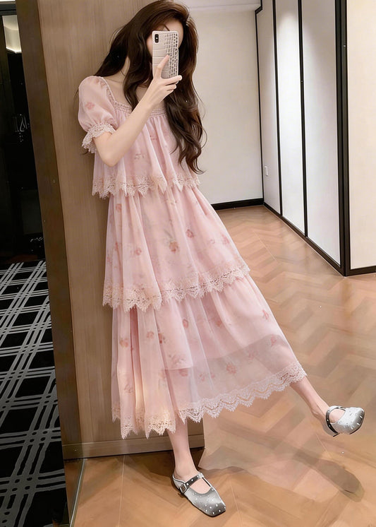Italian Pink Layered Design Print Chiffon Vacation Dresses Summer