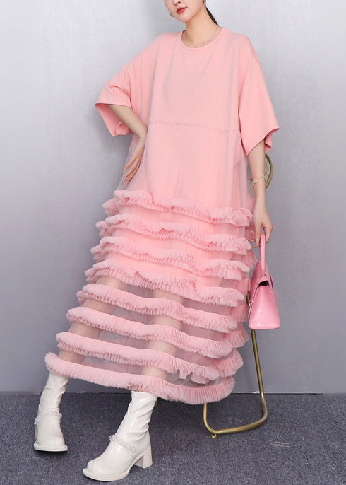 Italian Pink Layered Ruffled Patchwork Tulle Cake Dress Summer