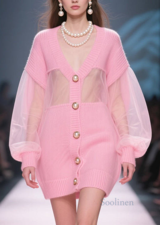 Italian Pink V Neck Tulle Button Patchwork Knit Cardigan Fall