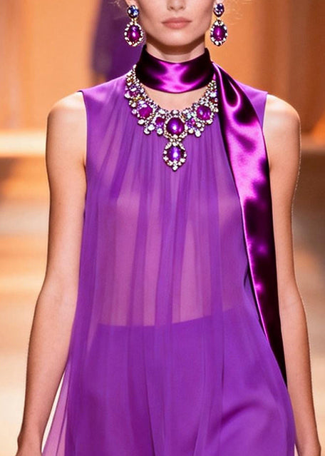 Italian Purple Asymmetrical Sheer Chiffon Mini Dress Sleeveless