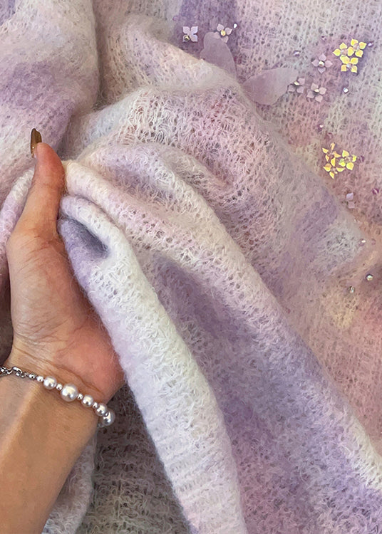 Italian Purple O Neck Butterfly Cozy Knit Sweater Fall