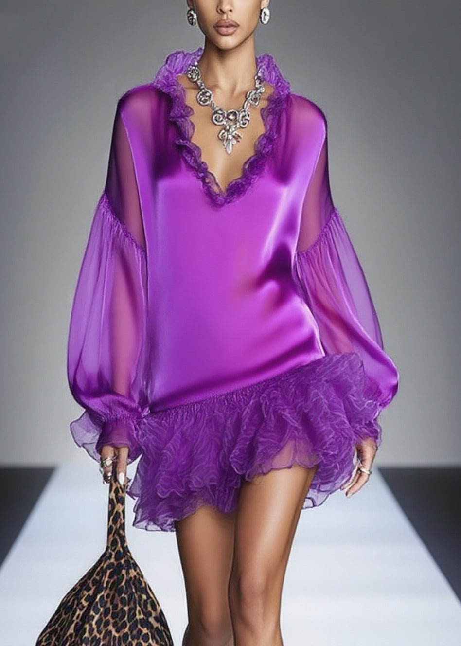 Italian Purple Ruffled Patchwork Chiffon Tea Dress Spring