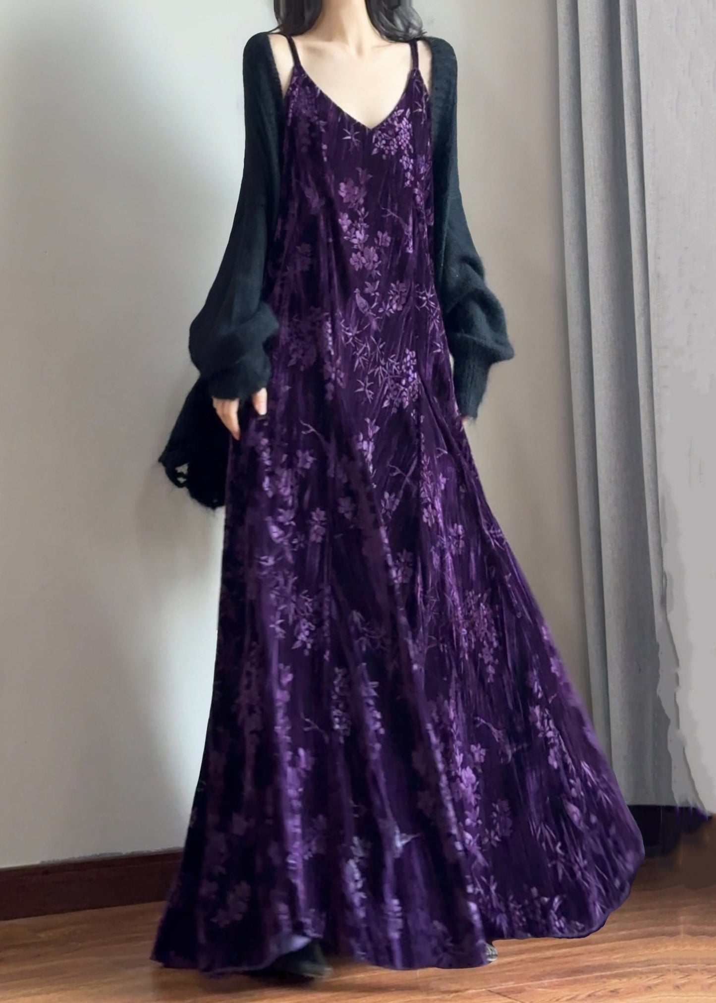 Italian Purple V Neck Jacquard Silk Velvet Spaghetti Strap Dress Sleeveless