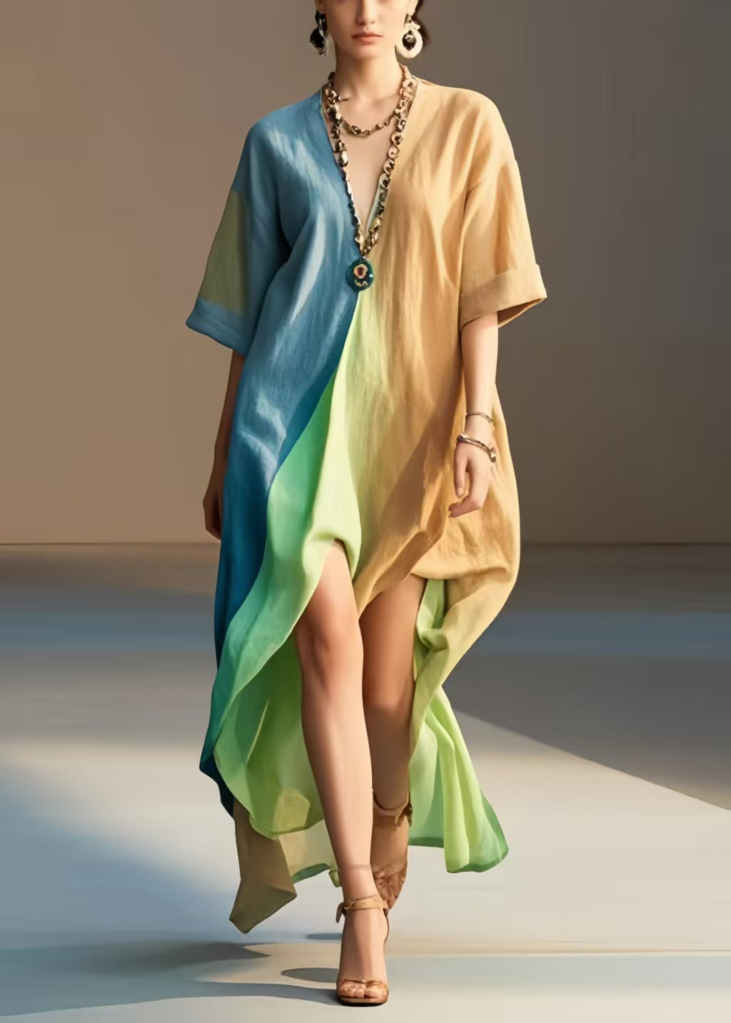 Italian Rainbow Oversized Low High Design Cotton Maxi Dresses Summer