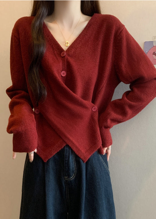 Italian Red Asymmetrical Design Knit Sweater Tops Fall