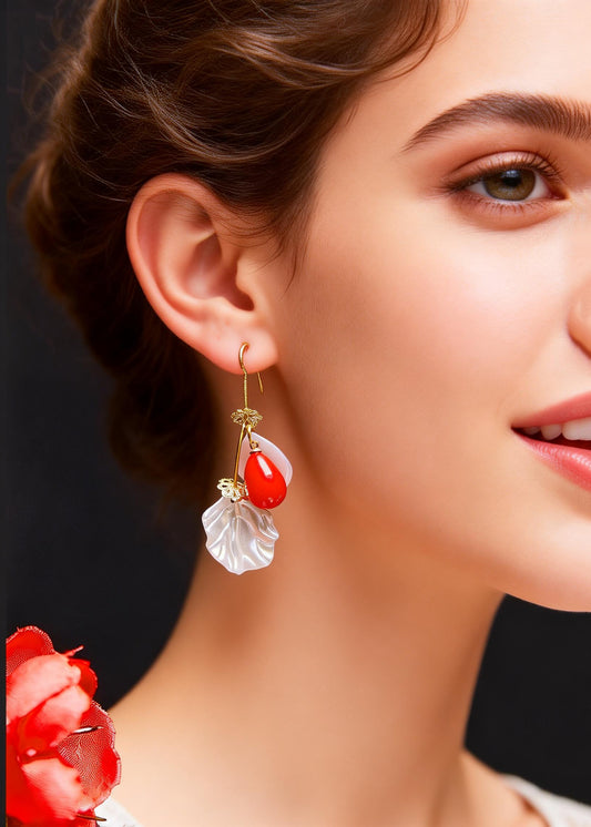 Italian Red Droplet Shape Coral And Shell Drop Earrings