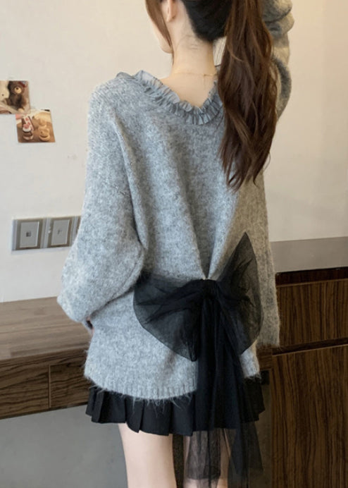 Italian Red Ruffled Patchwork Bow Knit Pullover Winter