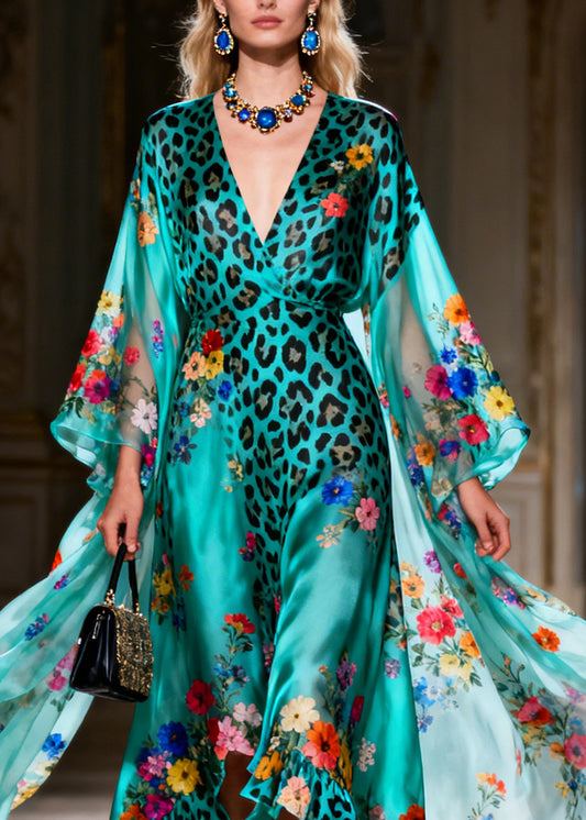 Italian Ruffled Asymmetrical Design Print Silk Ankle Dress Summer