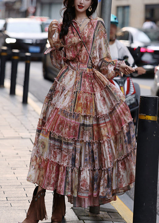 Italian Ruffled Print Lace Up Chiffon Maxi Dress Fall