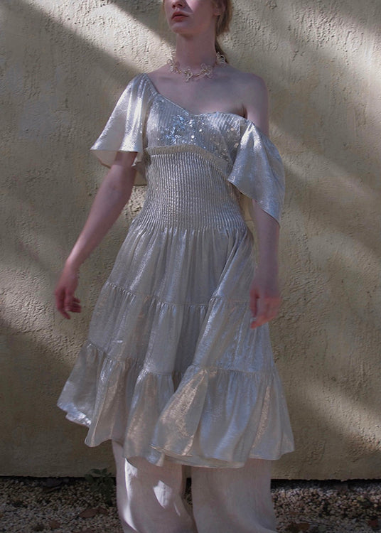 Italian Silver Sequins Ruffled Chiffon Long Dress Butterfly Sleeve