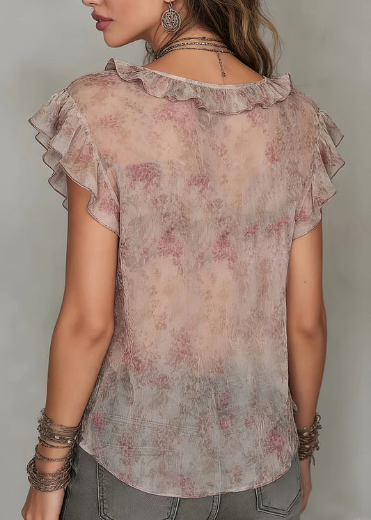 Italian V Neck Print Ruffled Chiffon Blouse Tops Summer